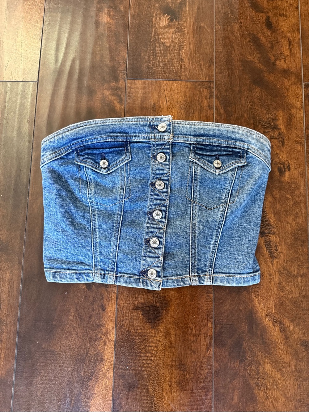 American Eagle Outfitters Blue Denim Strapless Button-Front Top